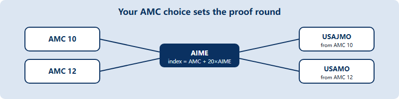 AMC 10 leads to USAJMO and AMC 12 leads to USAMO through the AIME index