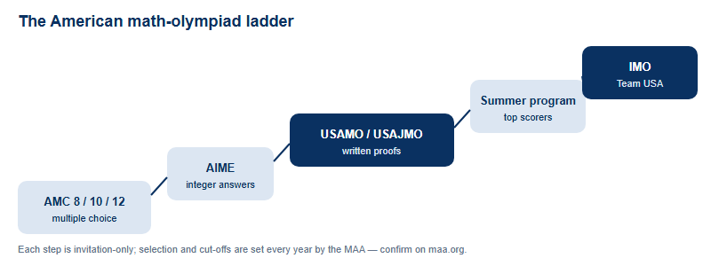 Ascending ladder from AMC to AIME to USAMO or USAJMO to the summer program to the IMO team